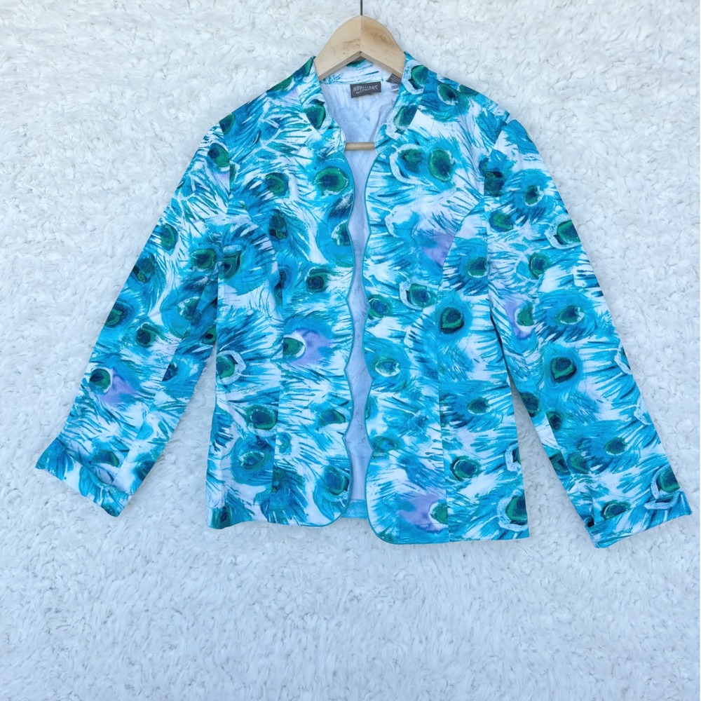 Additions by Chico's Size 0 Blazer Jacket Blue Green Peacock Print Cotton Blend‎